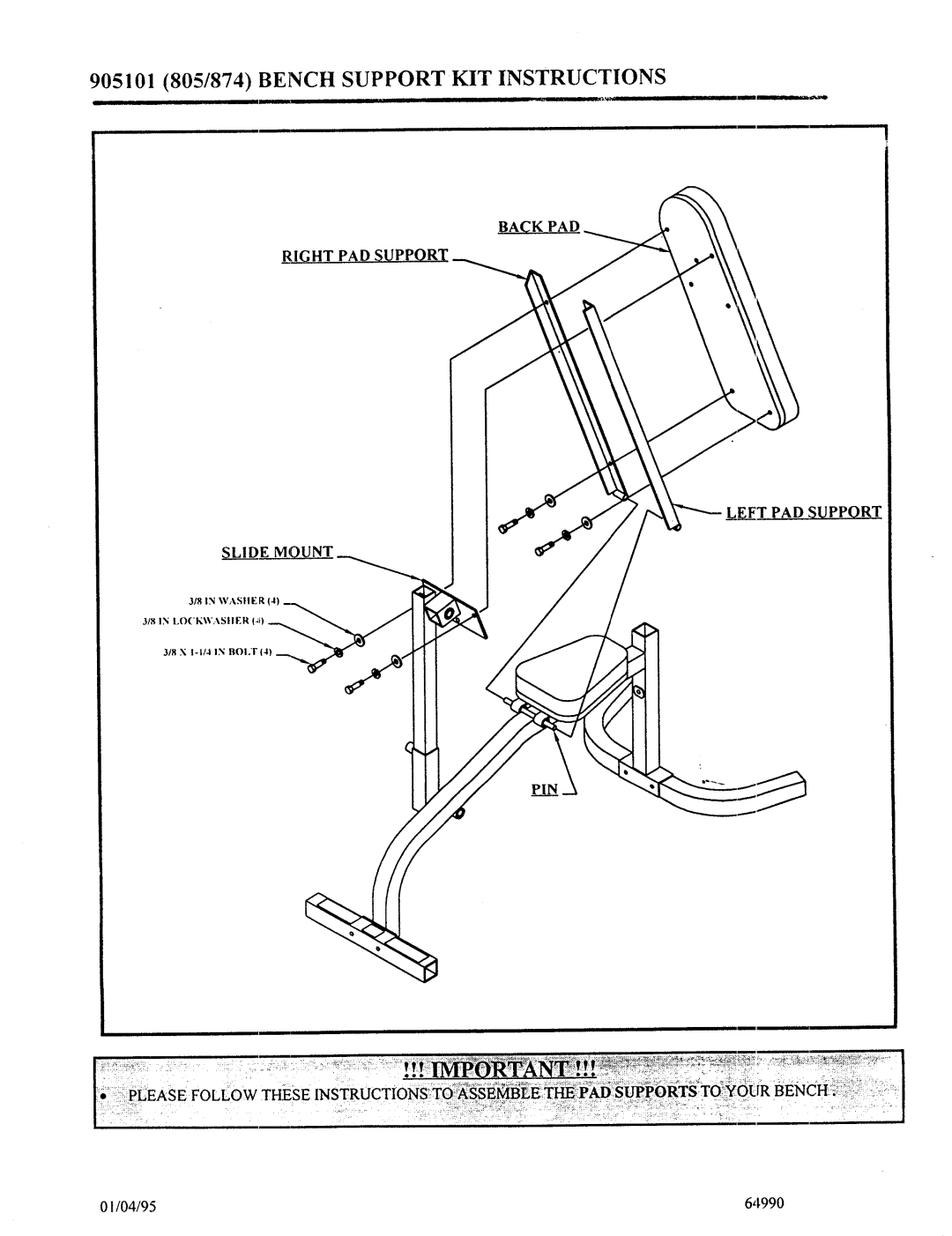 Life Fitness 64727 manual 905101 805/874 Benchsupport KIT Instructions 