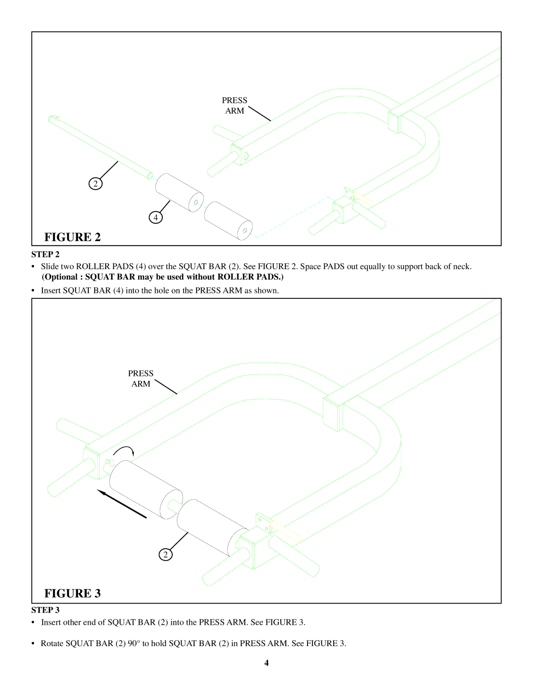 Life Fitness 662101 manual Optional Squat BAR may be used without Roller Pads 