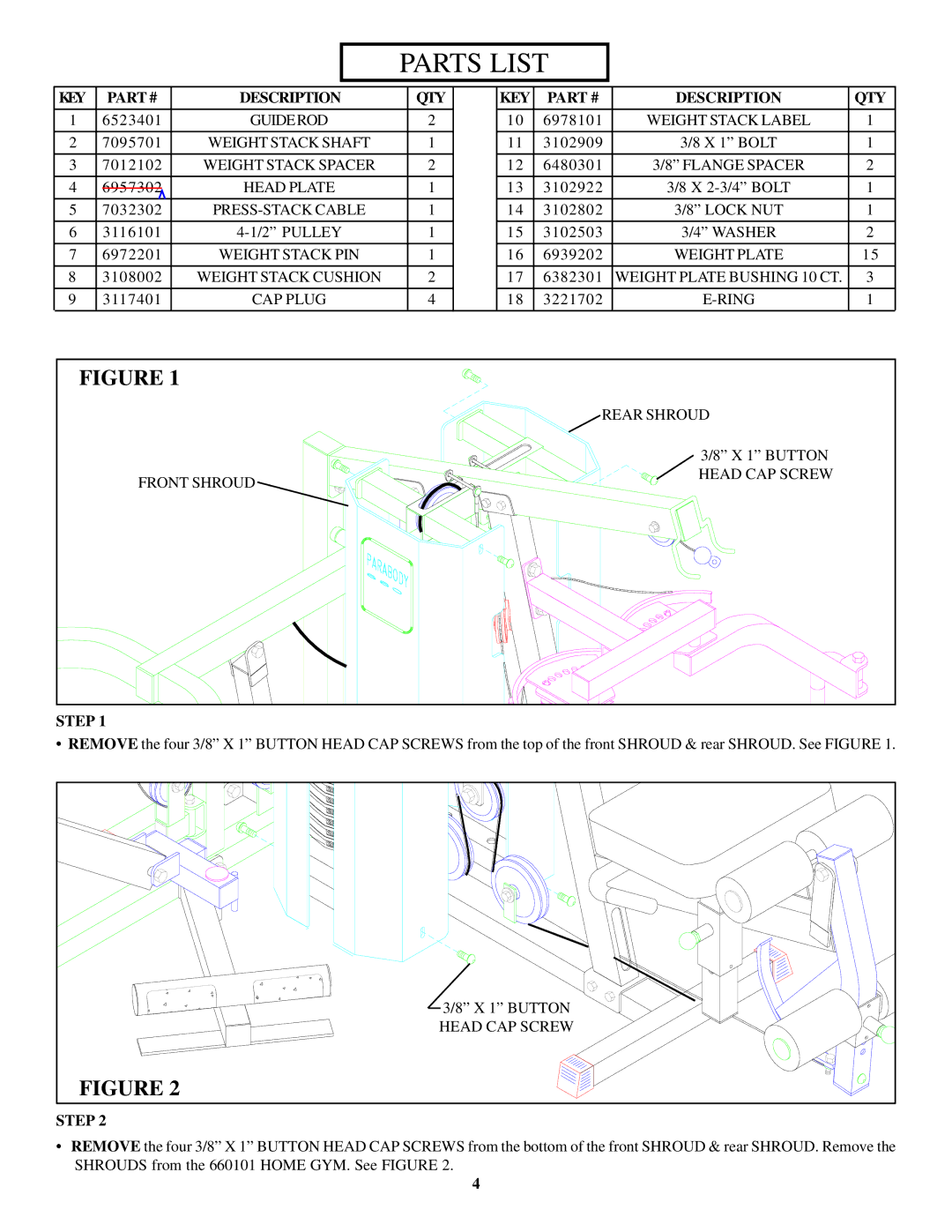 Life Fitness 663 manual Parts List 