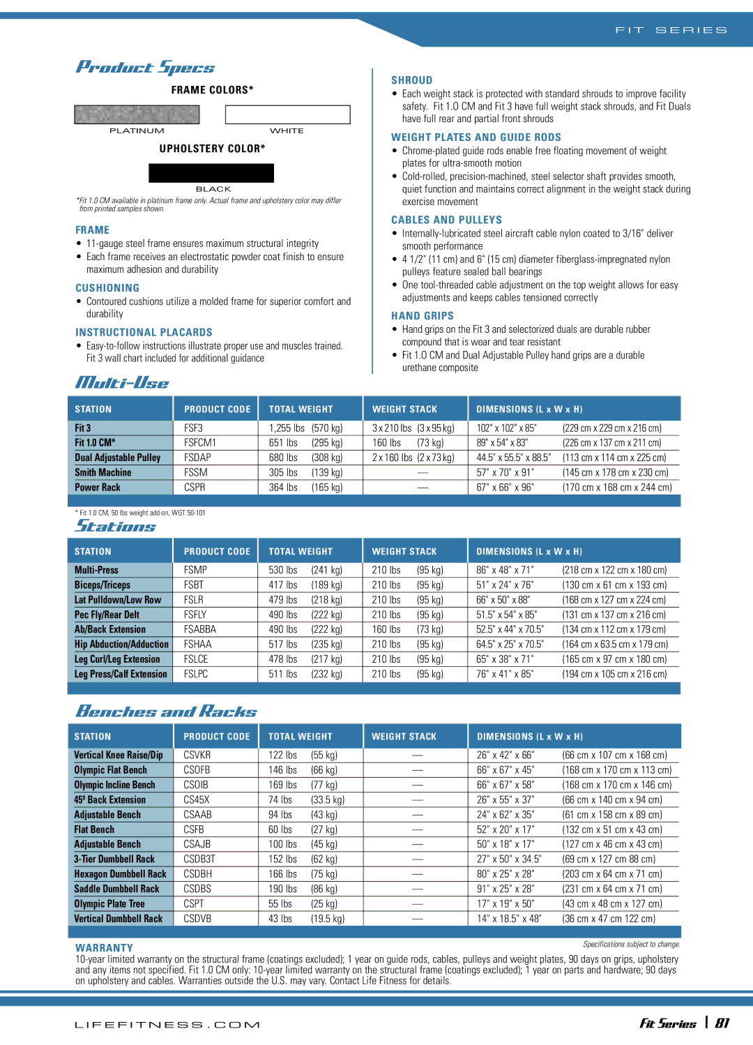 Life Fitness 72\Fit Series manual Product Specs 