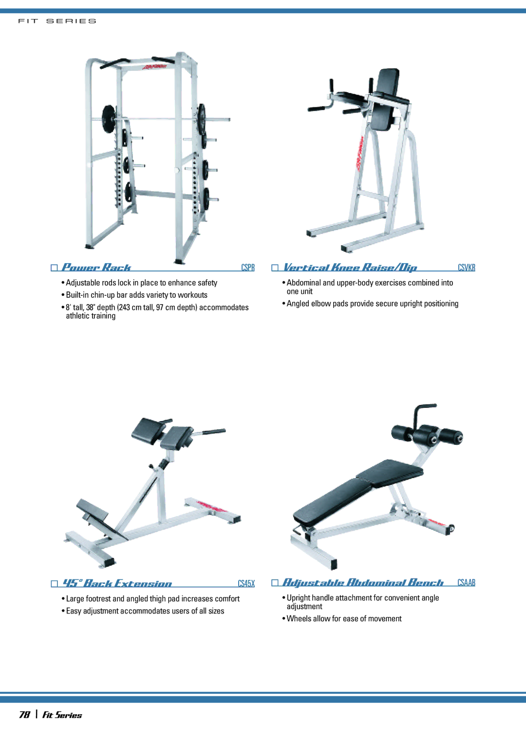 Life Fitness 72\Fit Series manual Power Rack, Vertical Knee Raise/Dip, Back Extension, Adjustable Abdominal Bench Csaab 