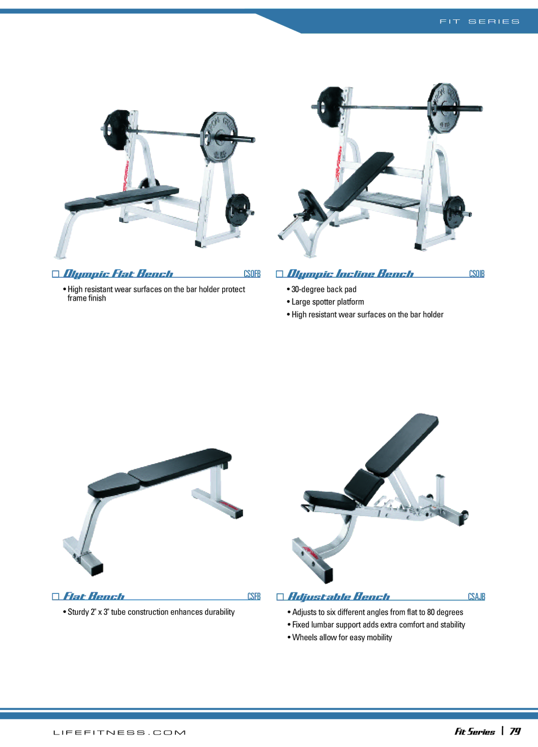 Life Fitness 72\Fit Series manual Olympic Flat Bench, Olympic Incline Bench, Adjustable Bench 