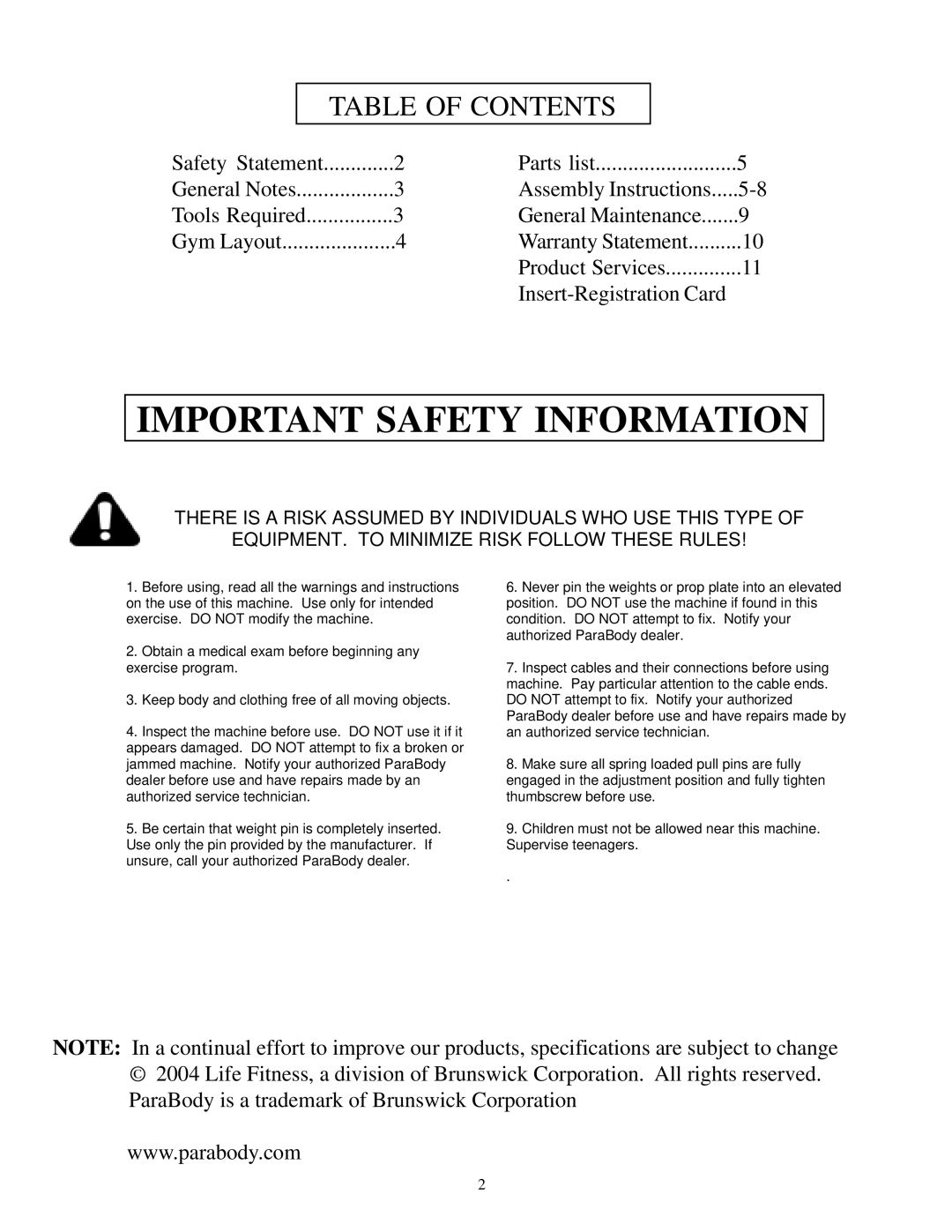 Life Fitness 805 manual Important Safety Information, Table of Contents 