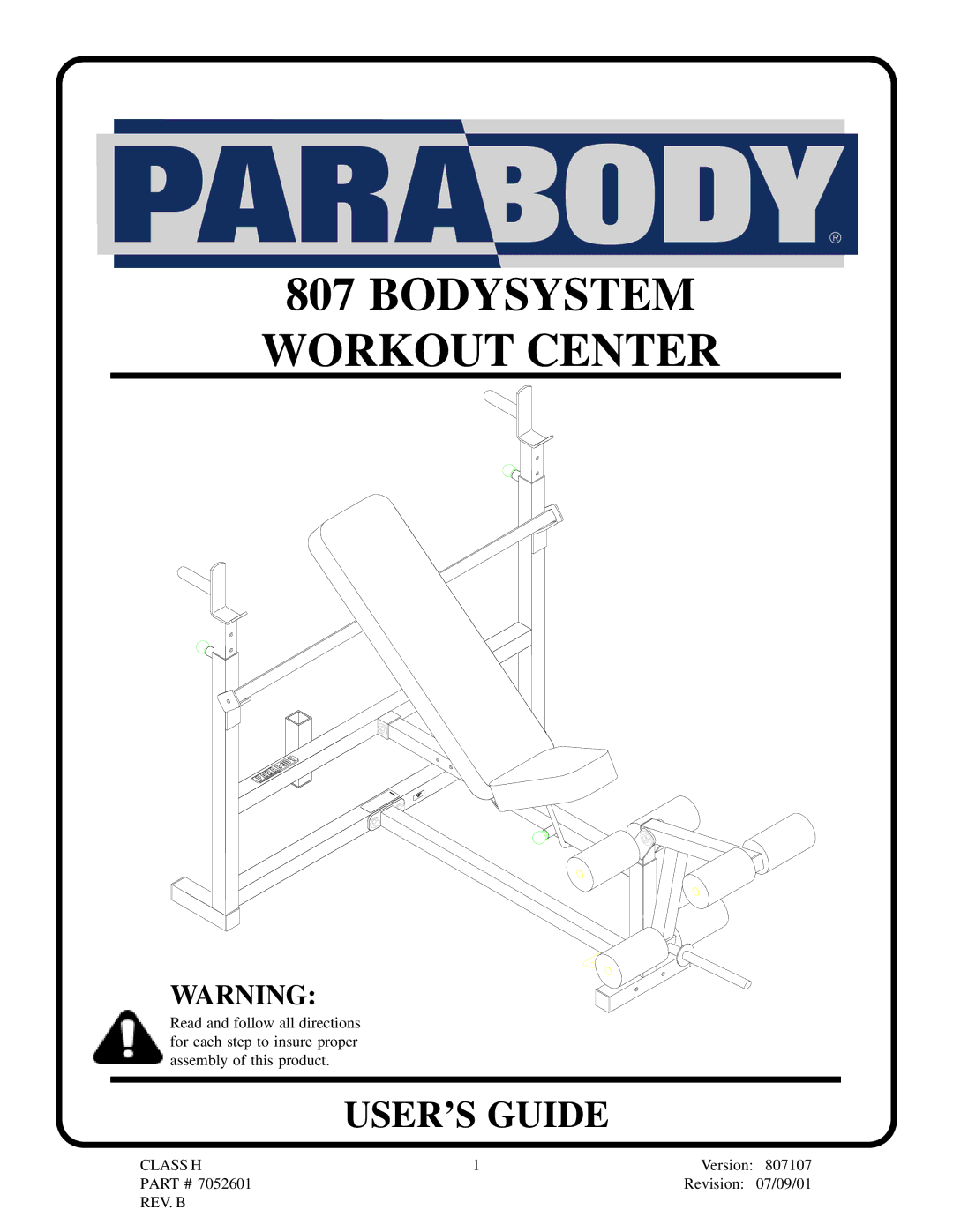 Life Fitness 807 manual Bodysystem Workout Center 