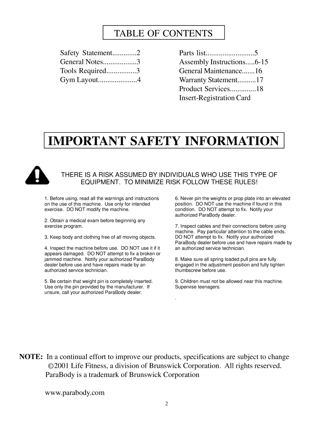 Life Fitness 807 manual Important Safety Information 