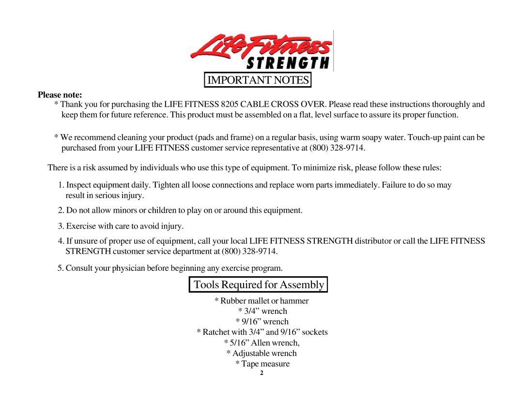 Life Fitness 8205 manual Important Notes 