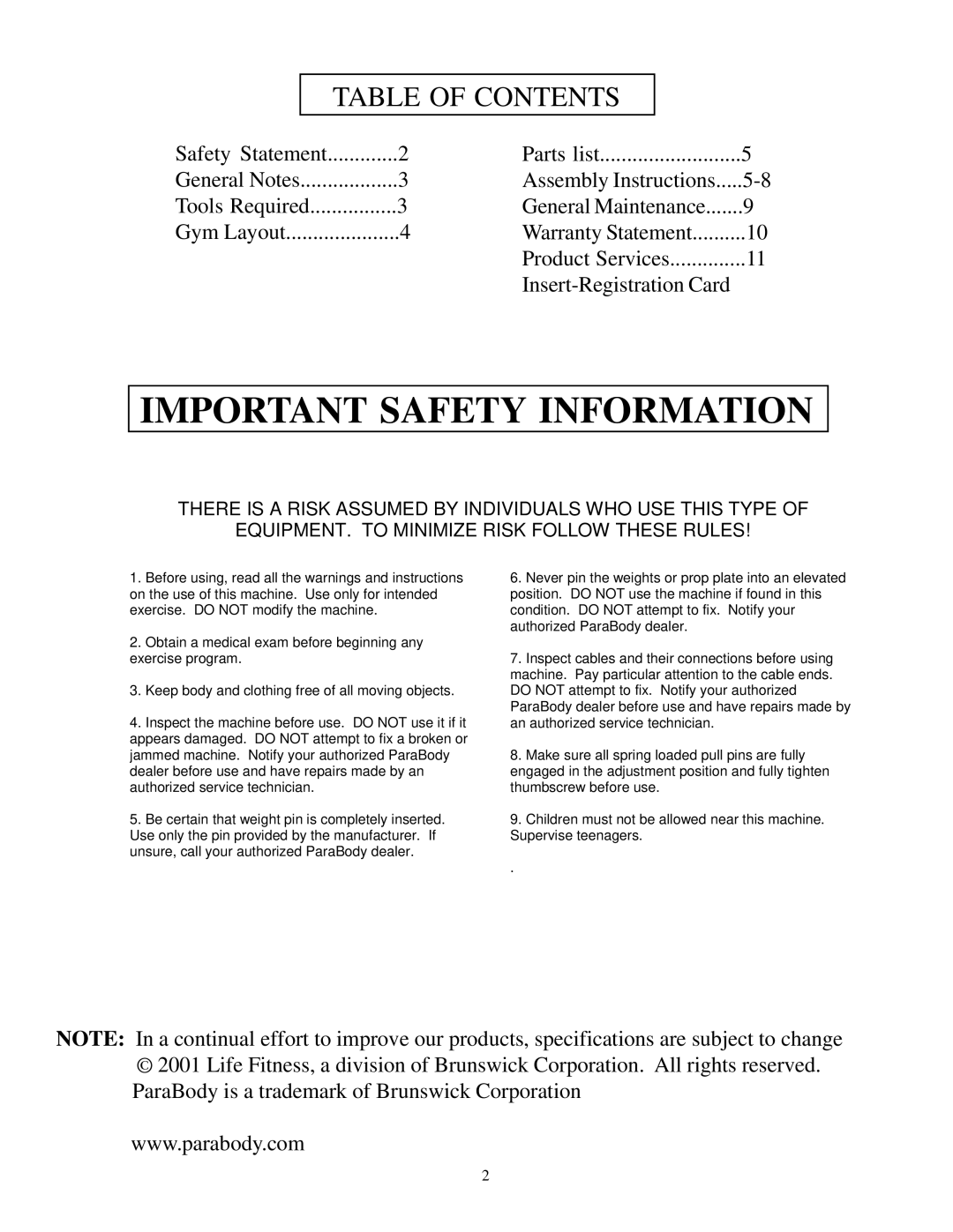 Life Fitness 821 manual Important Safety Information, Table of Contents 