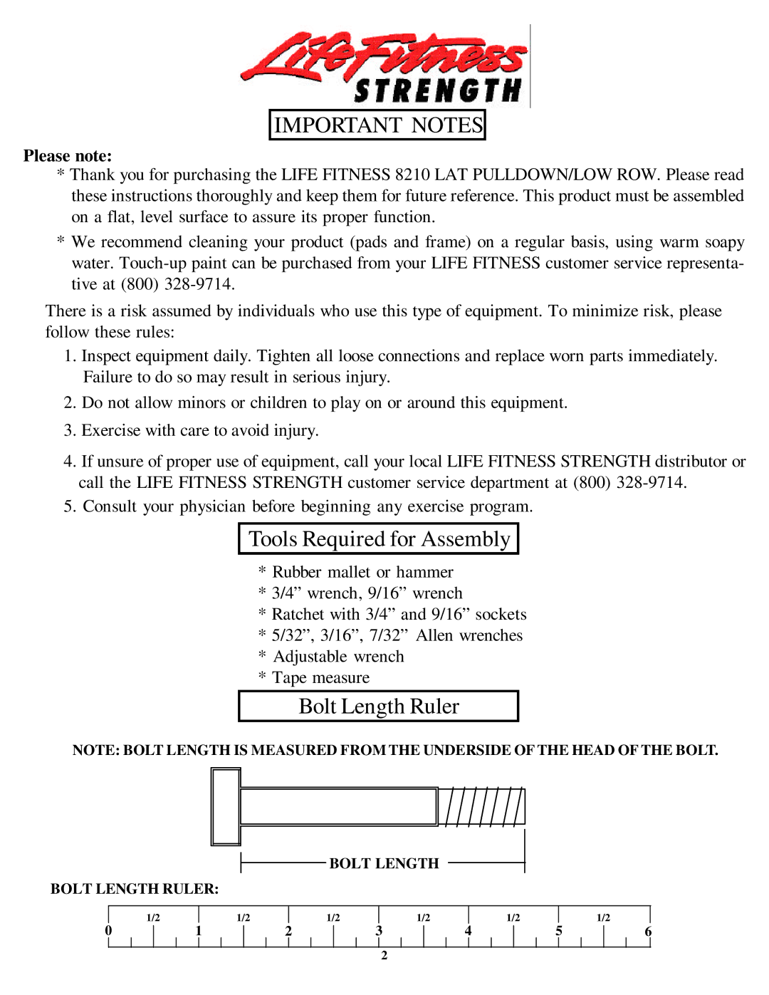 Life Fitness 8210 manual Bolt Length Ruler 