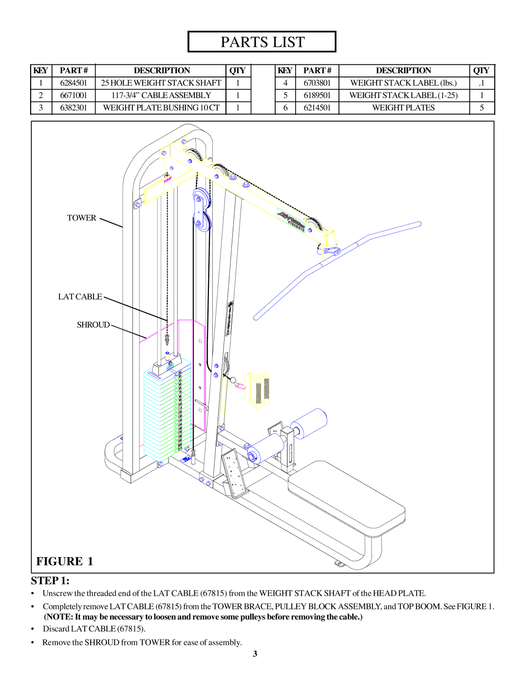 Life Fitness 8211 manual Parts List 