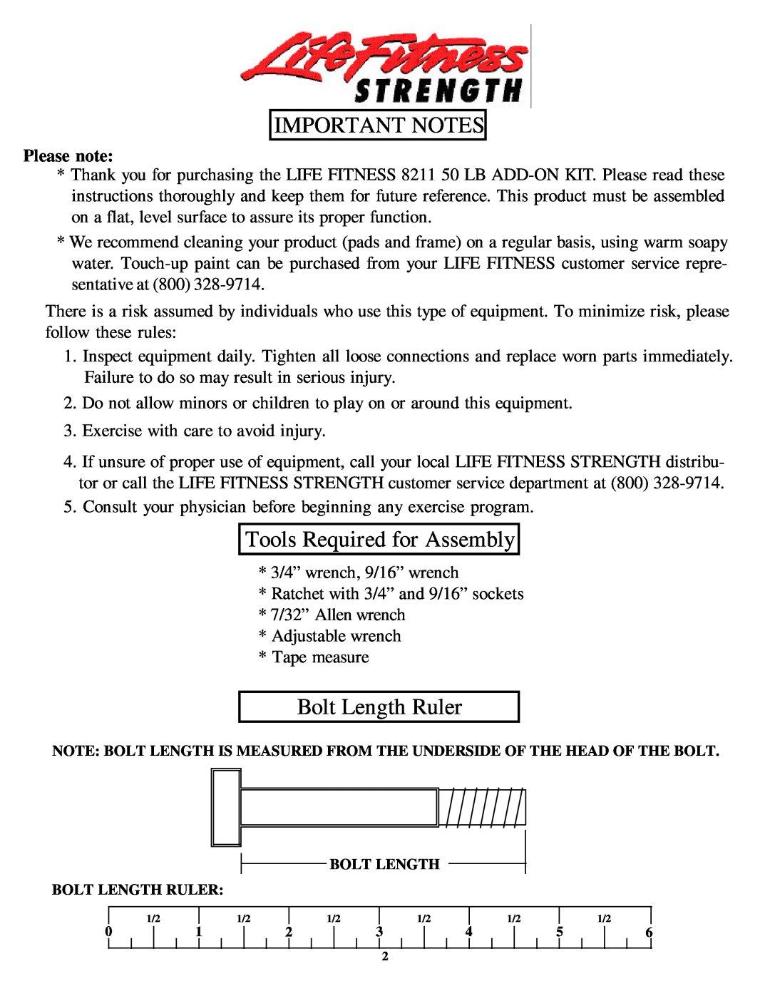 Life Fitness 8211 manual Tools Required for Assembly, Bolt Length Ruler, Please note 