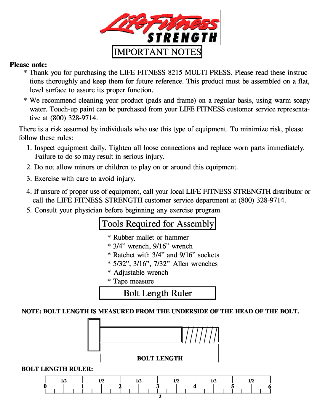 Life Fitness 8215 manual Tools Required for Assembly, Bolt Length Ruler, Please note 