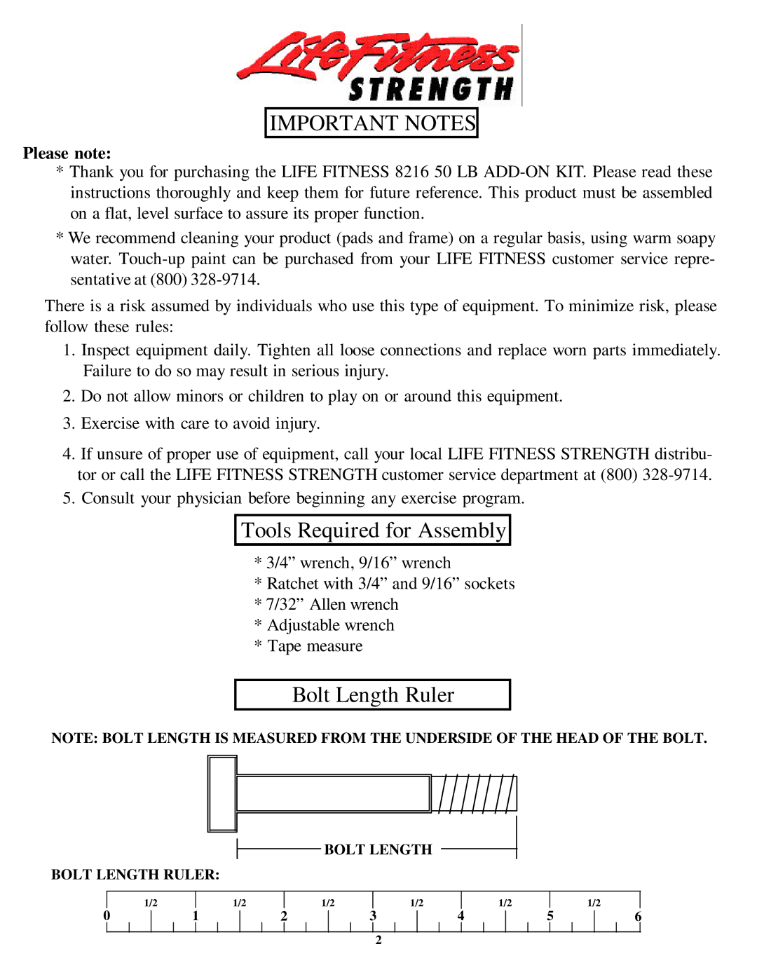 Life Fitness 8216 manual Bolt Length Ruler 