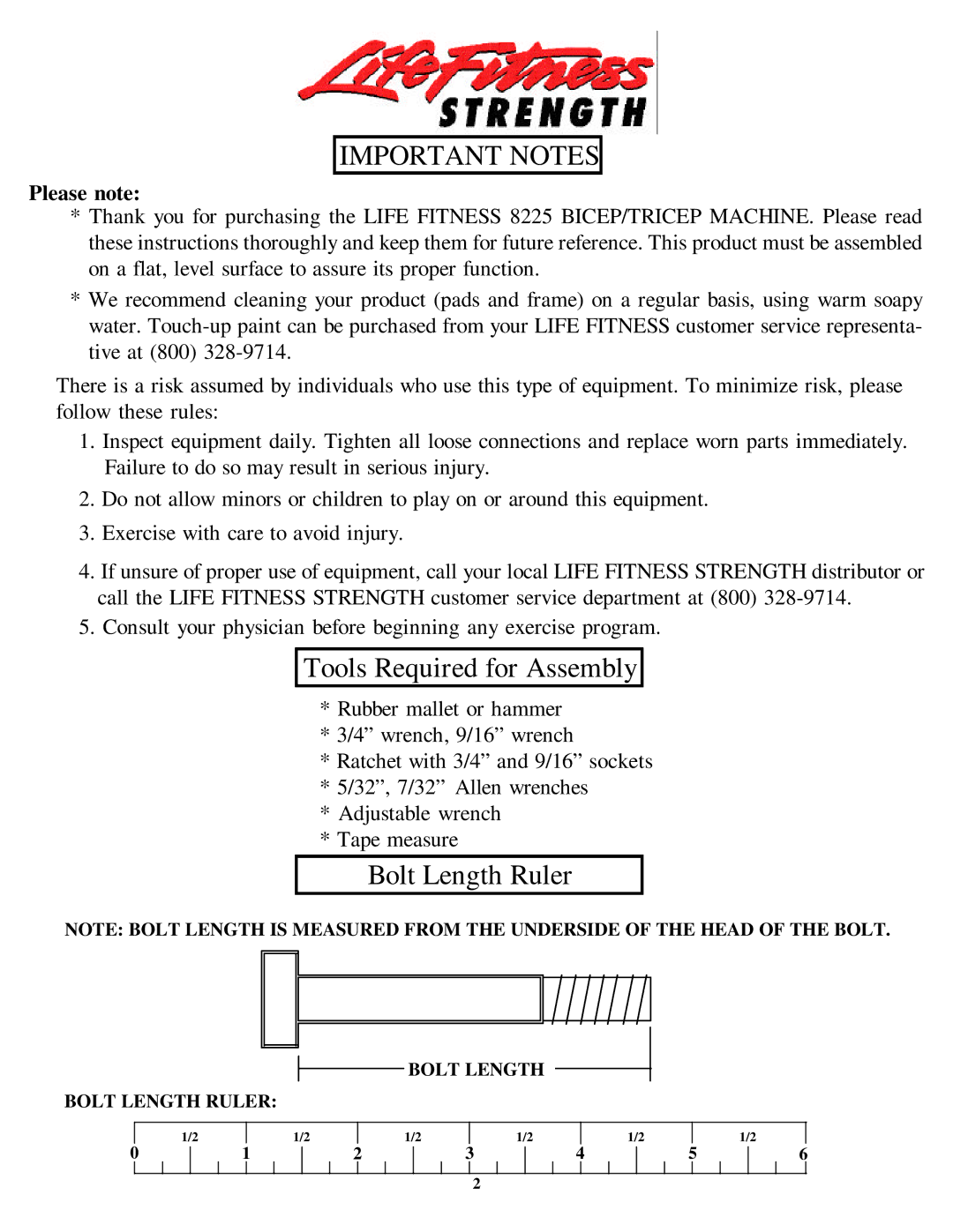 Life Fitness 8225 manual Bolt Length Ruler 