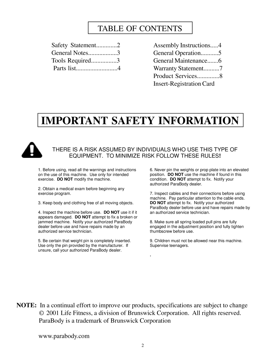 Life Fitness 824 manual Important Safety Information, Table of Contents 