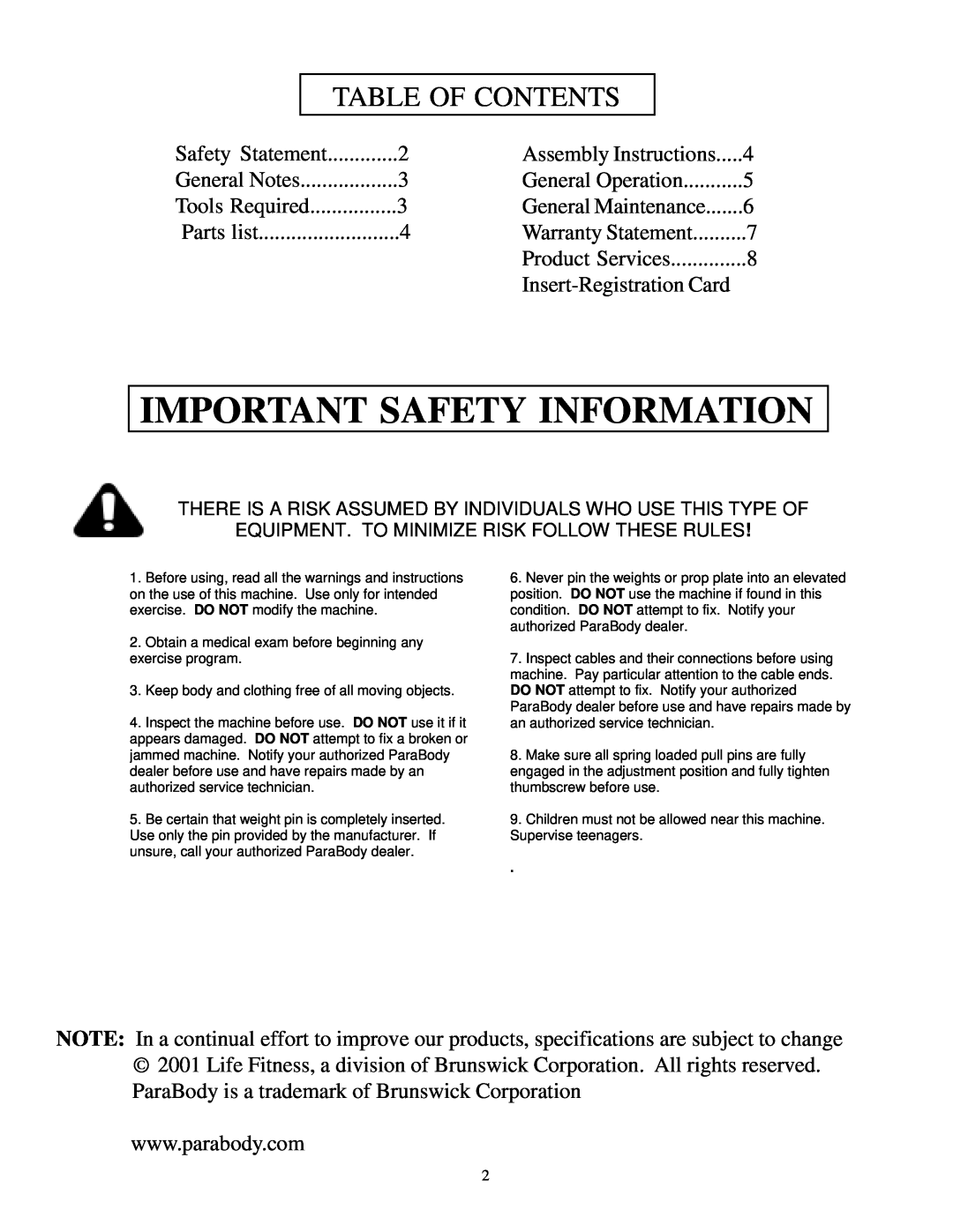 Life Fitness 824 manual Important Safety Information, Table Of Contents, Assembly Instructions, General Operation 