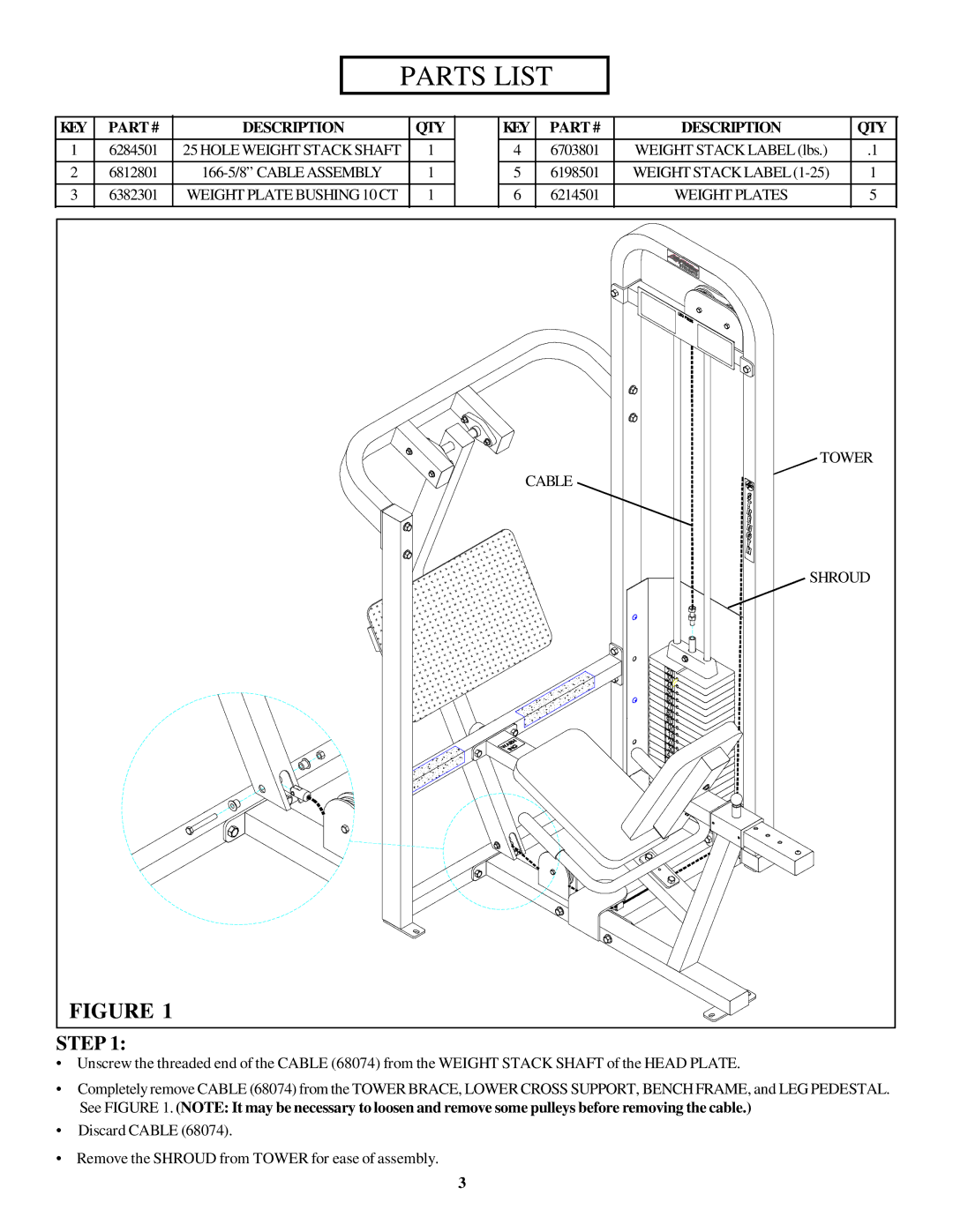 Life Fitness 8246 50LB manual Parts List 