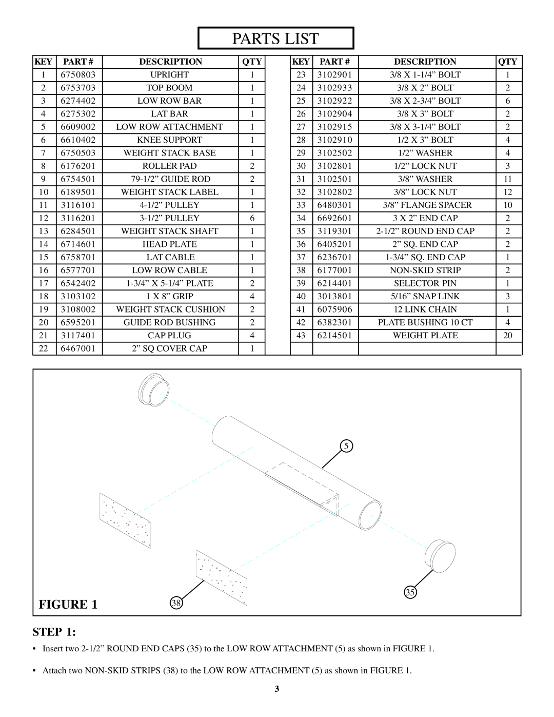 Life Fitness 841101 manual Parts List 