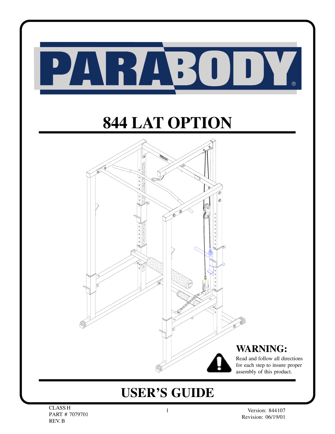 Life Fitness 844 Lat Option manual LAT Option 