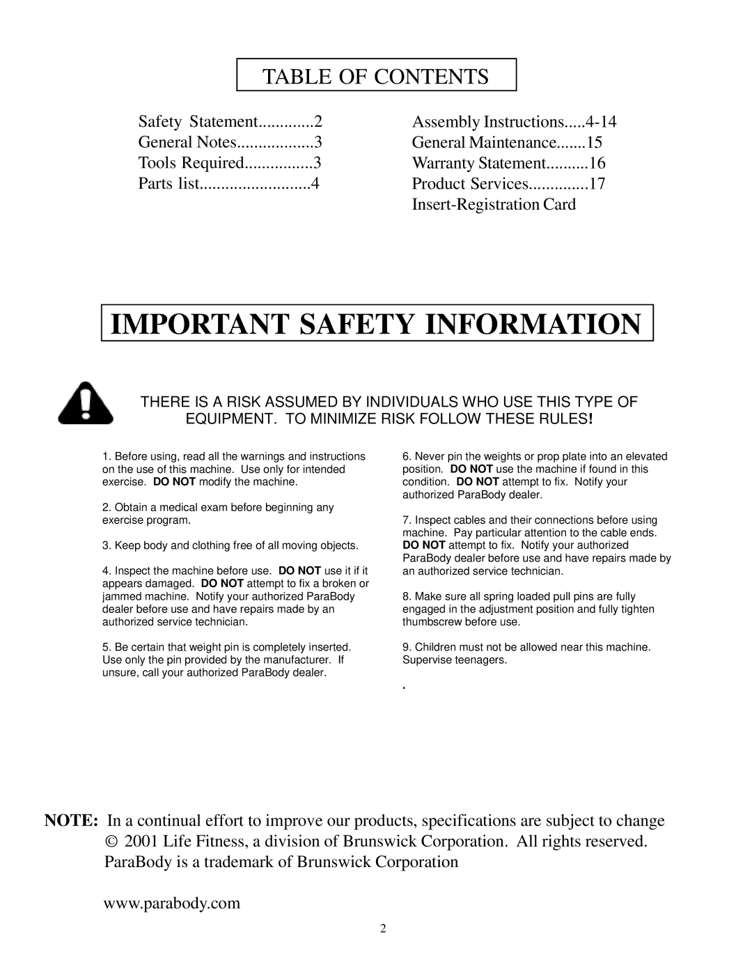 Life Fitness 844 Lat Option manual Important Safety Information 