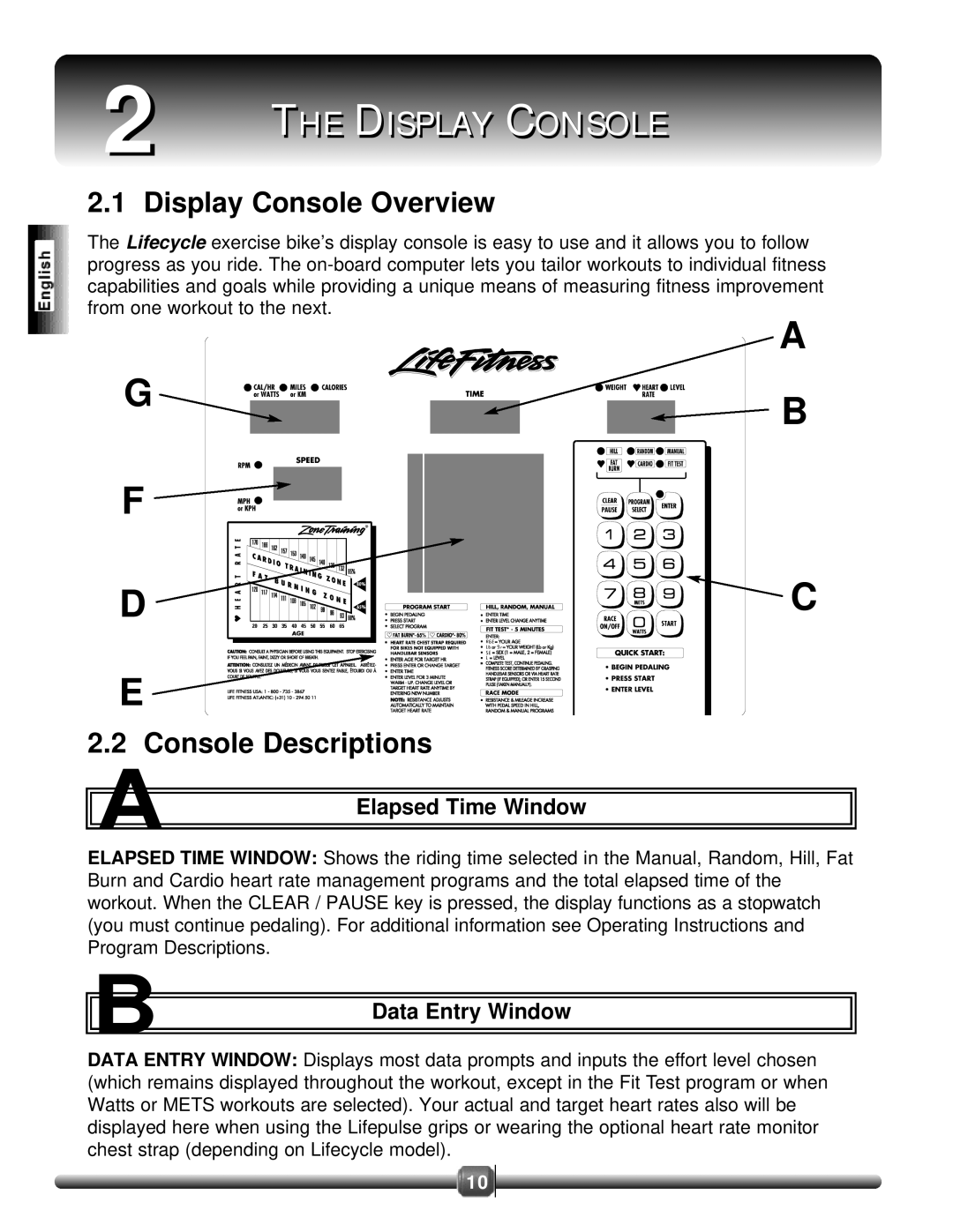 Life Fitness 8500 manual Display Console Overview, Console Descriptions, Elapsed Time Window, Data Entry Window 