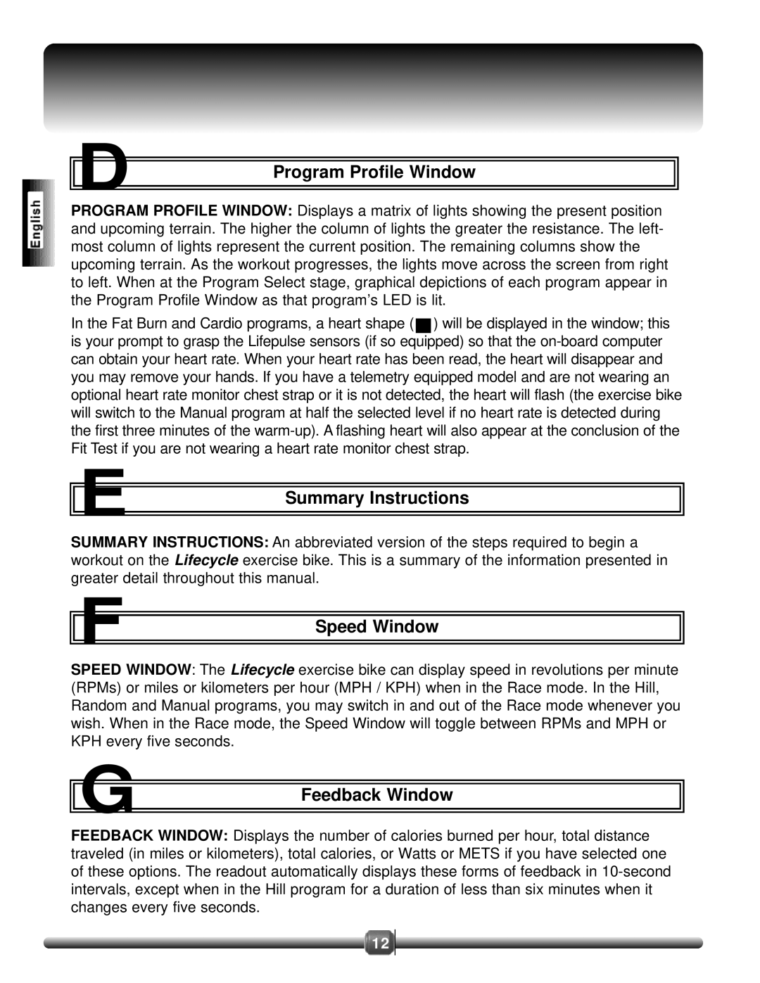 Life Fitness 8500 manual Program Profile Window, Summary Instructions, Speed Window, Feedback Window 