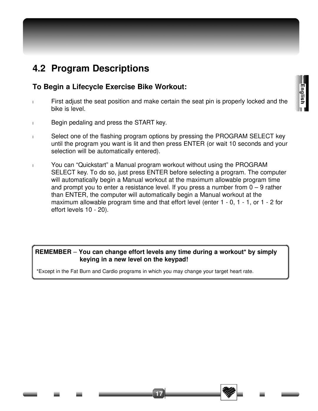 Life Fitness 8500 manual Program Descriptions, To Begin a Lifecycle Exercise Bike Workout 