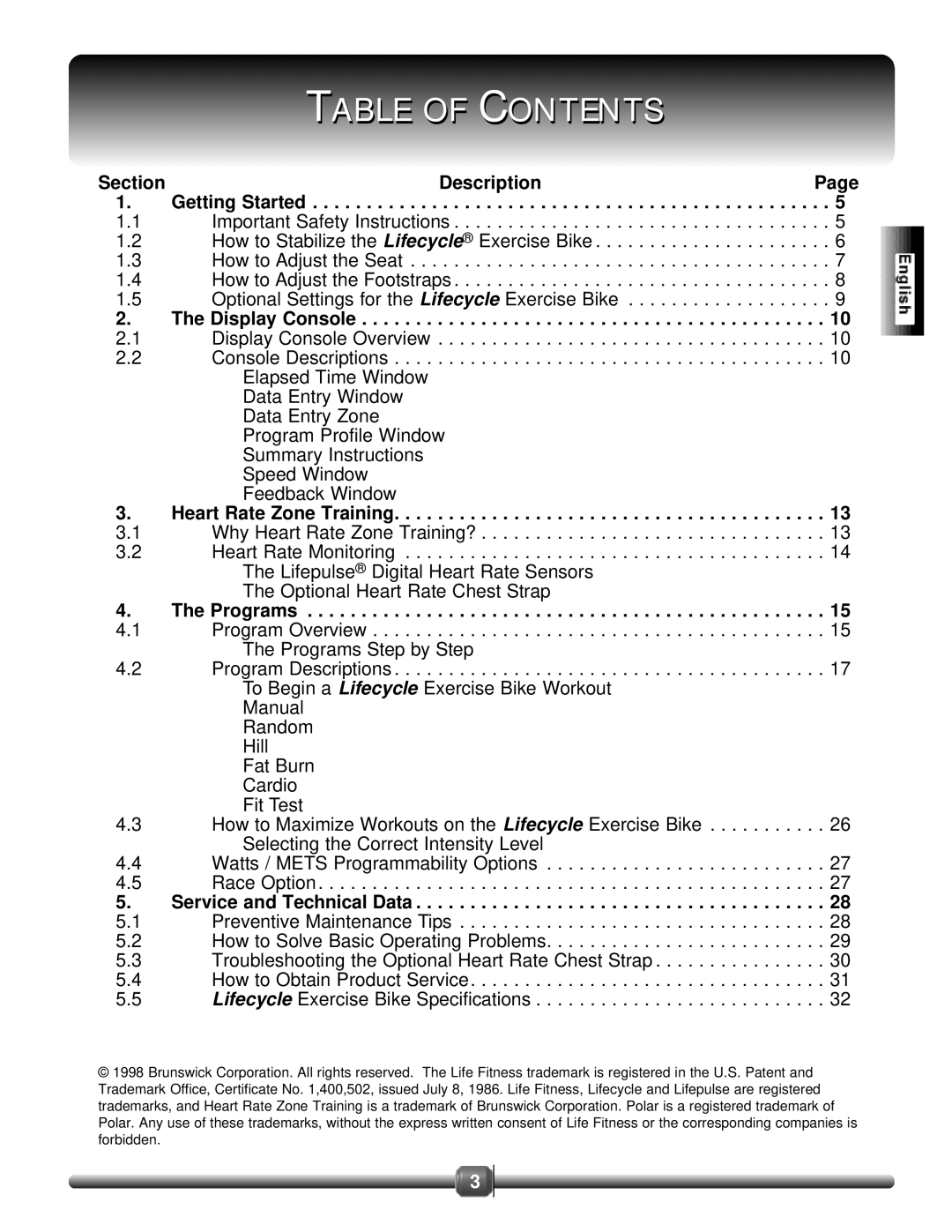 Life Fitness 8500 manual Table of Contents 