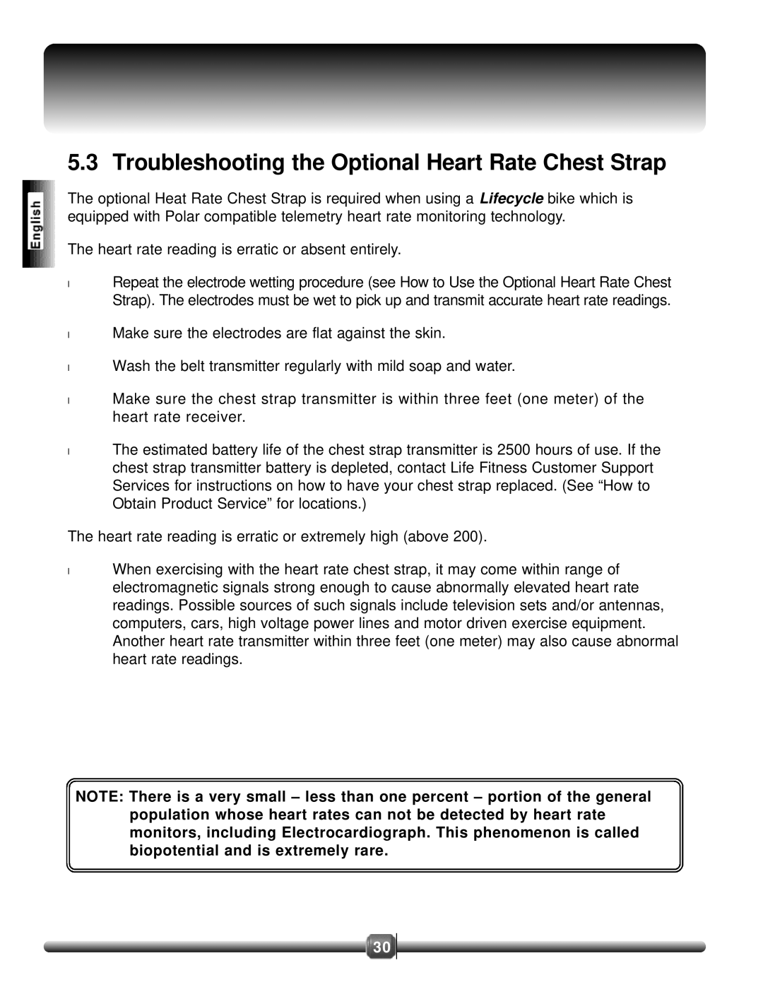 Life Fitness 8500 manual Troubleshooting the Optional Heart Rate Chest Strap 