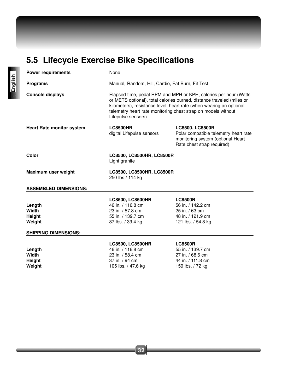 Life Fitness 8500 manual Lifecycle Exercise Bike Specifications, Console displays 