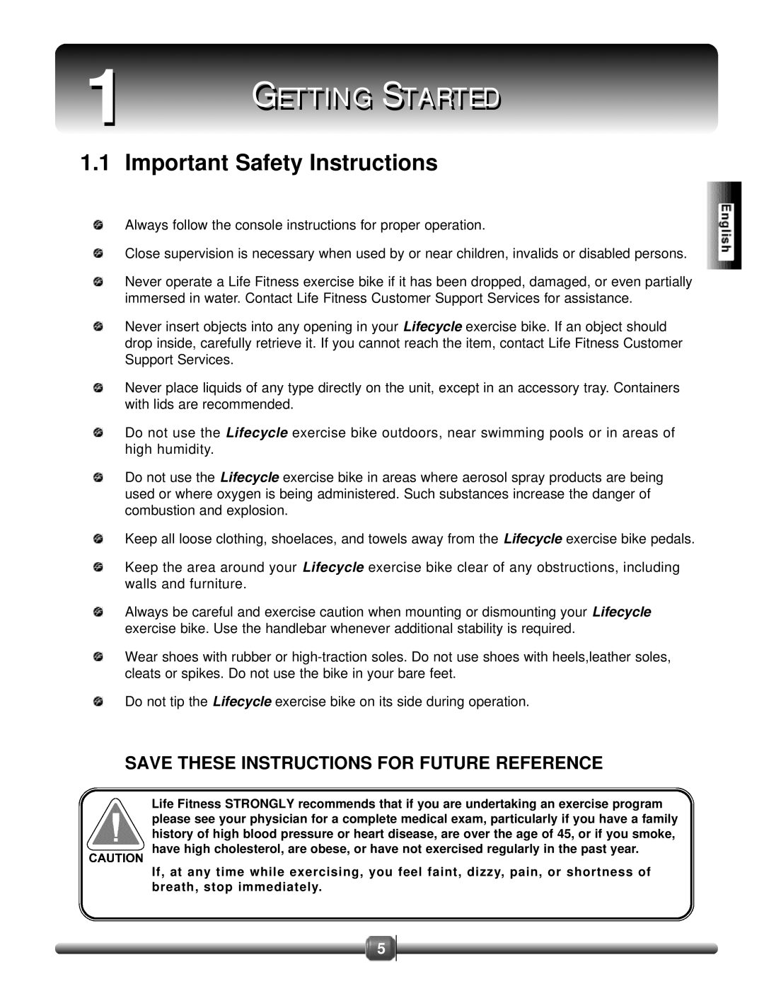 Life Fitness 8500 manual Getting Started, Important Safety Instructions 