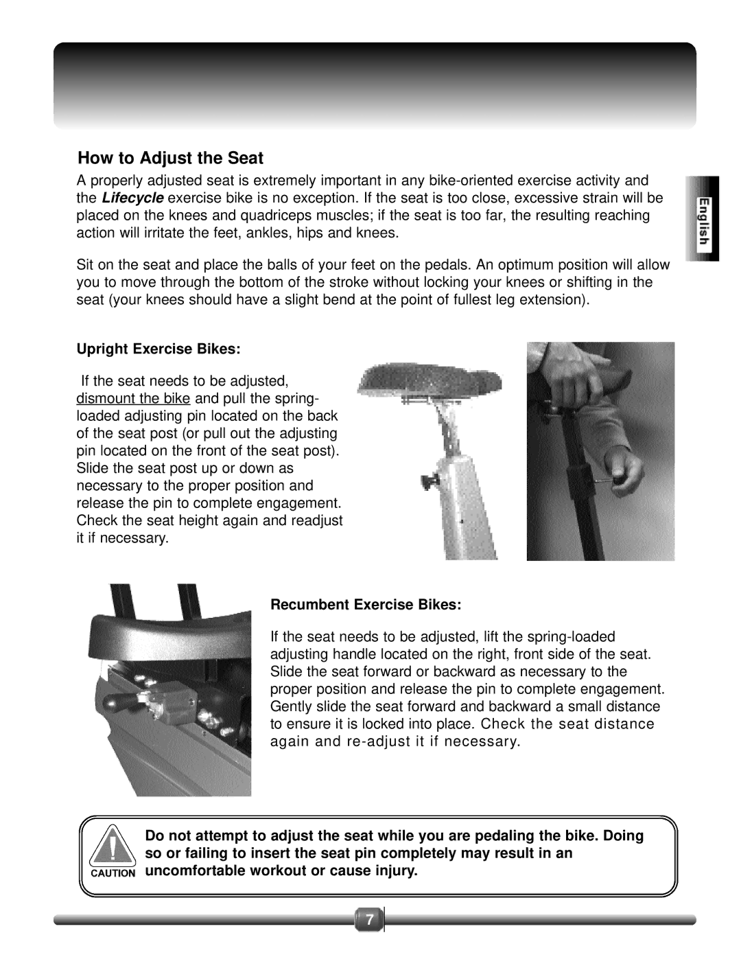 Life Fitness 8500 manual How to Adjust the Seat, Upright Exercise Bikes, Recumbent Exercise Bikes 