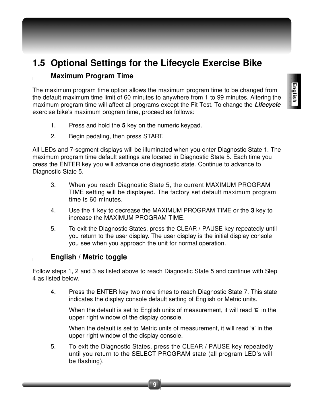 Life Fitness 8500 manual Optional Settings for the Lifecycle Exercise Bike, Maximum Program Time, English / Metric toggle 