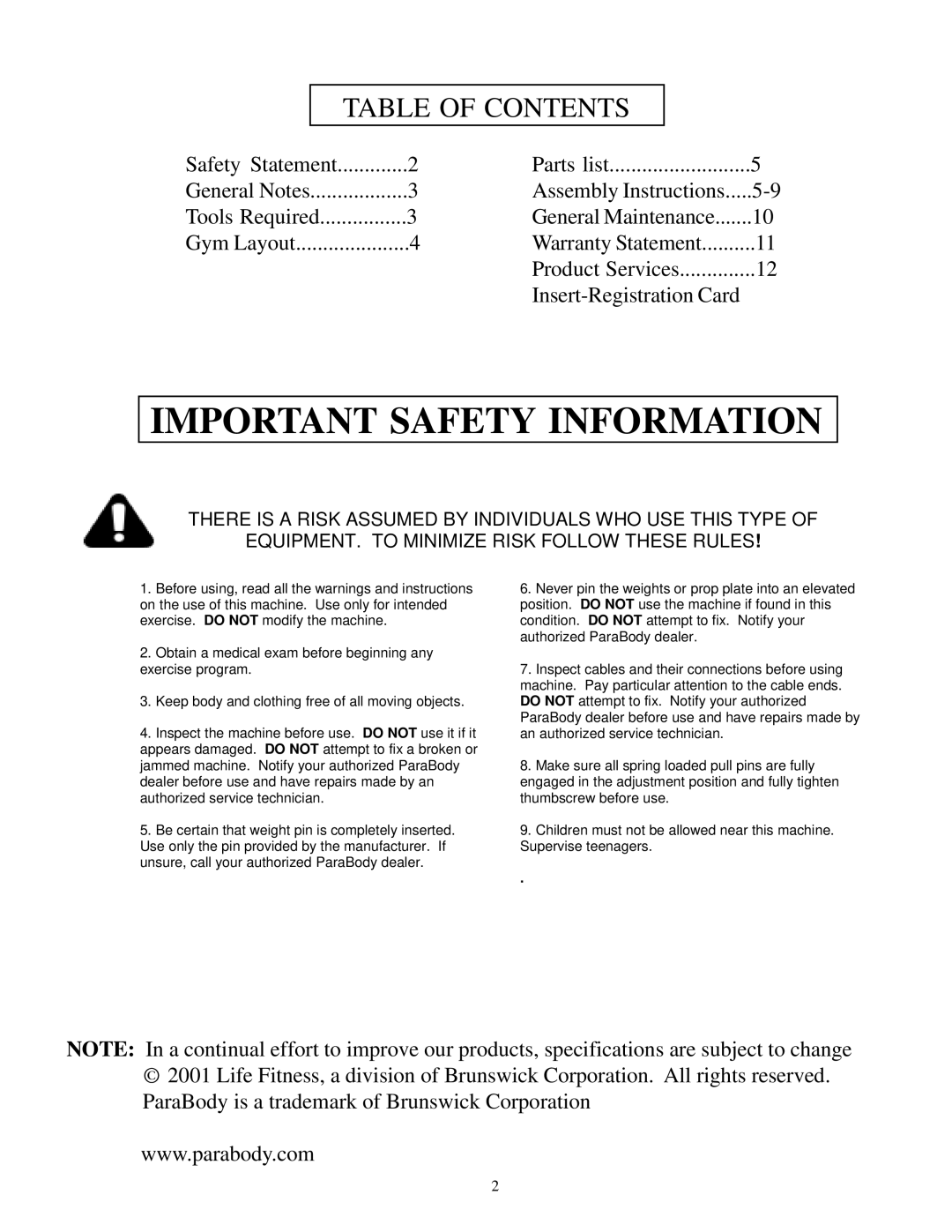 Life Fitness 874 manual Important Safety Information, Table of Contents 