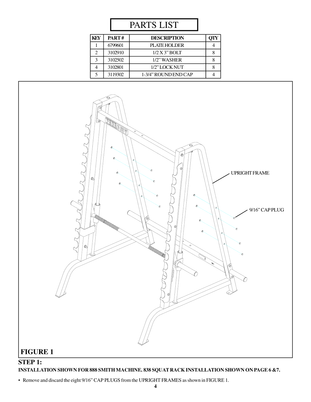 Life Fitness 883 manual Parts List, KEY Description QTY 