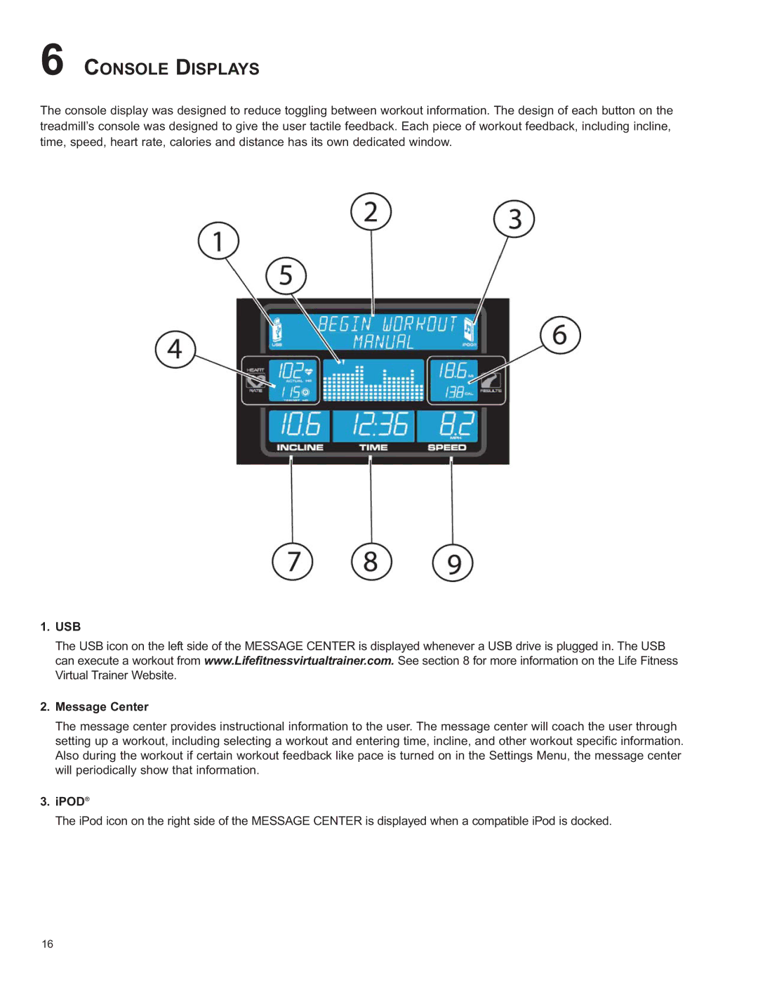 Life Fitness 8860701 owner manual Console Displays, USB Message Center, Ipod 