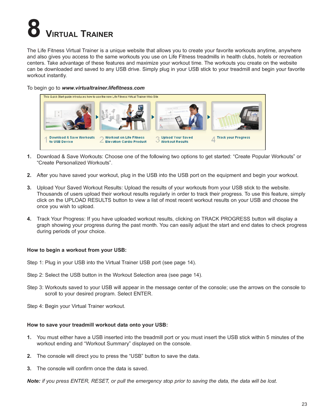 Life Fitness 8860701 owner manual Virtual Trainer, How to begin a workout from your USB 