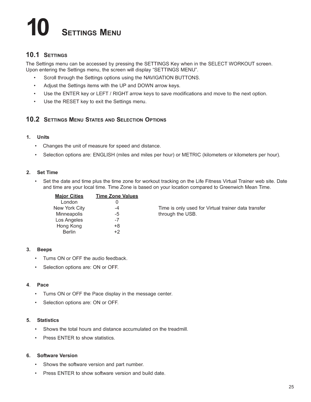 Life Fitness 8860701 owner manual Settings Menu 