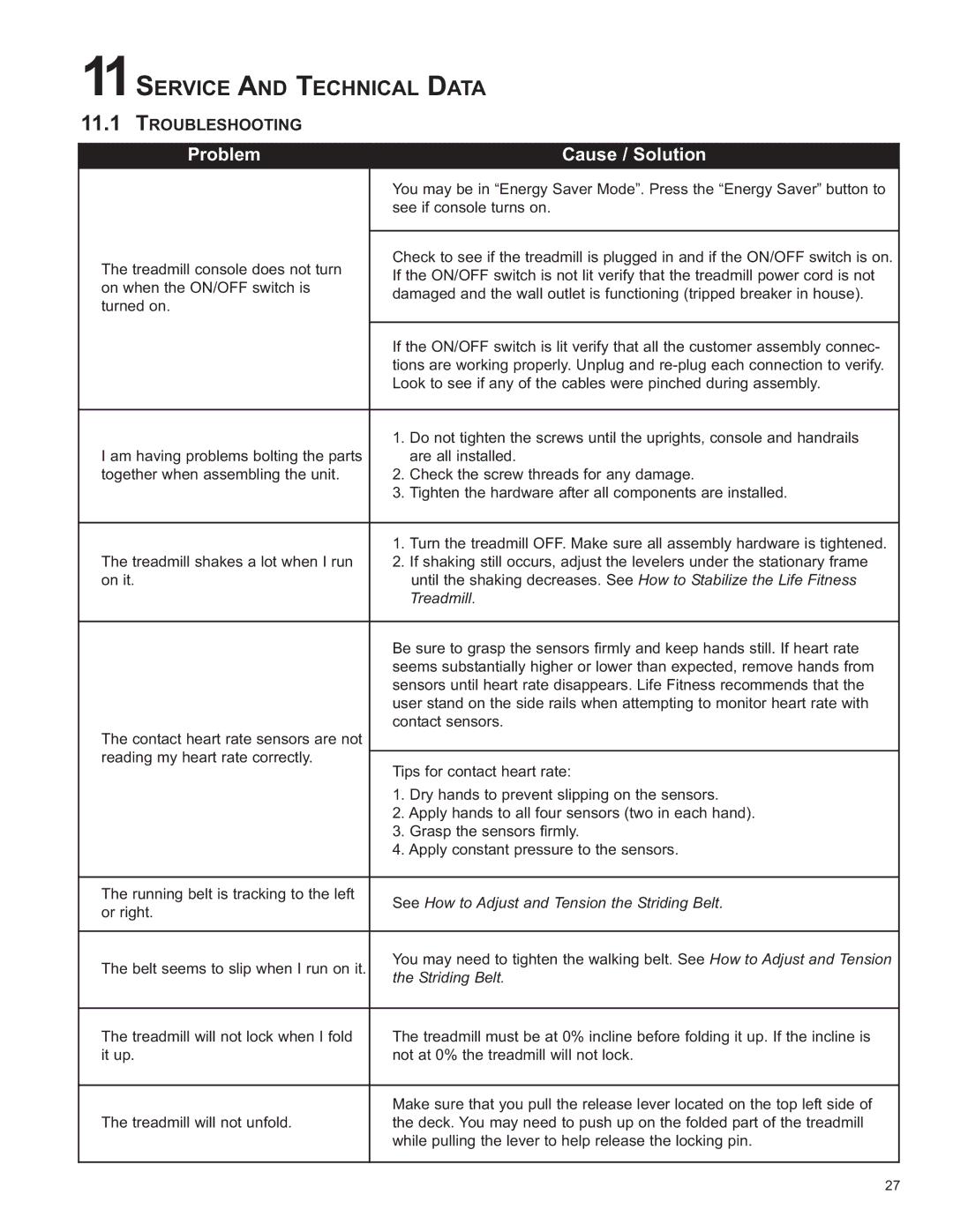 Life Fitness 8860701 owner manual 11SERVICE and Technical Data, Troubleshooting 