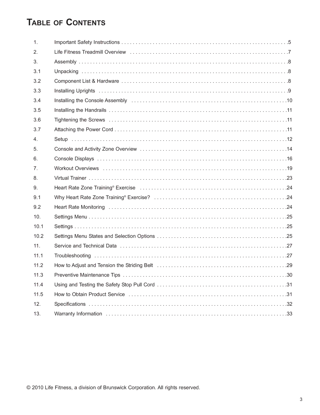 Life Fitness 8860701 owner manual Table of Contents 