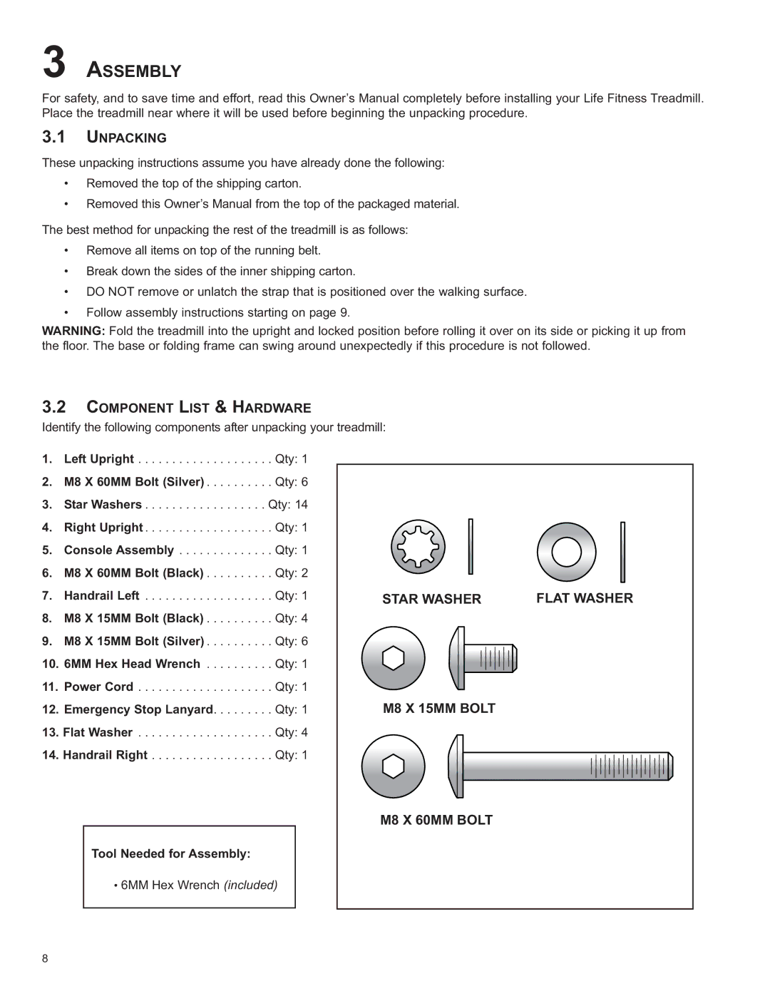 Life Fitness 8860701 Assembly, Unpacking, Component List & Hardware, Star Washer Flat Washer M8 X 15MM Bolt M8 X 60MM Bolt 