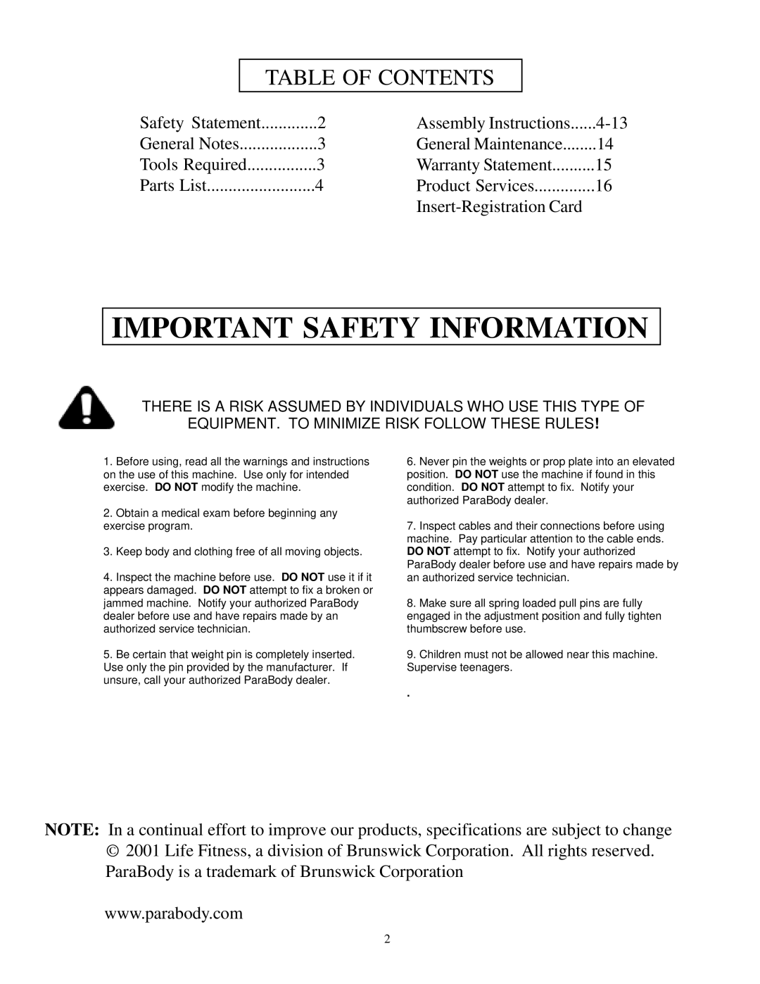 Life Fitness 889 manual Important Safety Information 