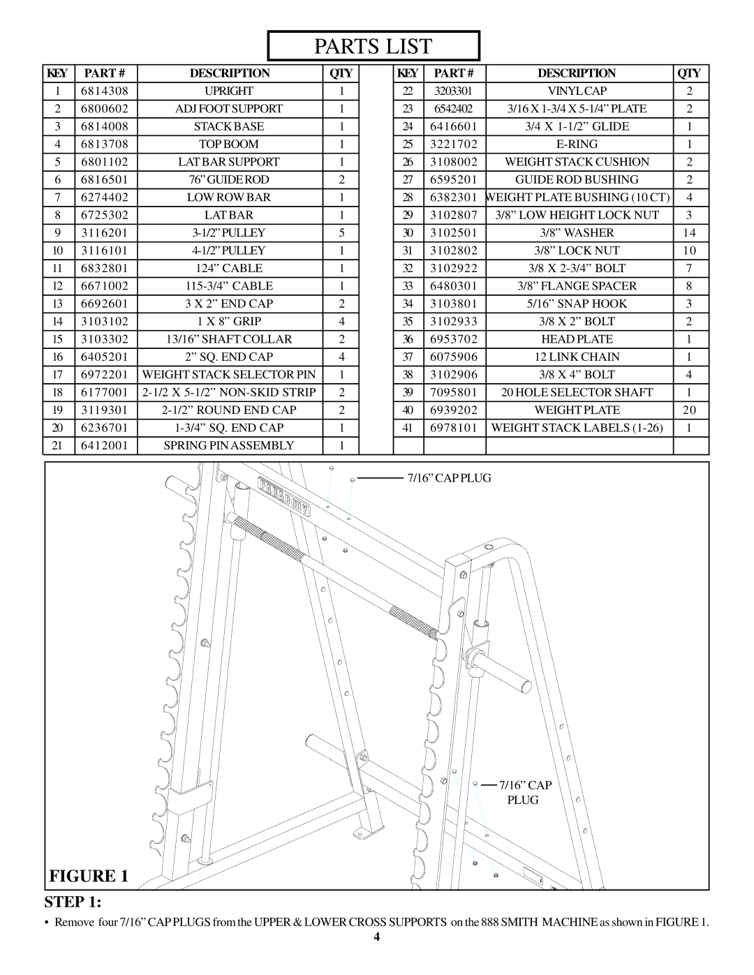 Life Fitness 889 manual Parts List 