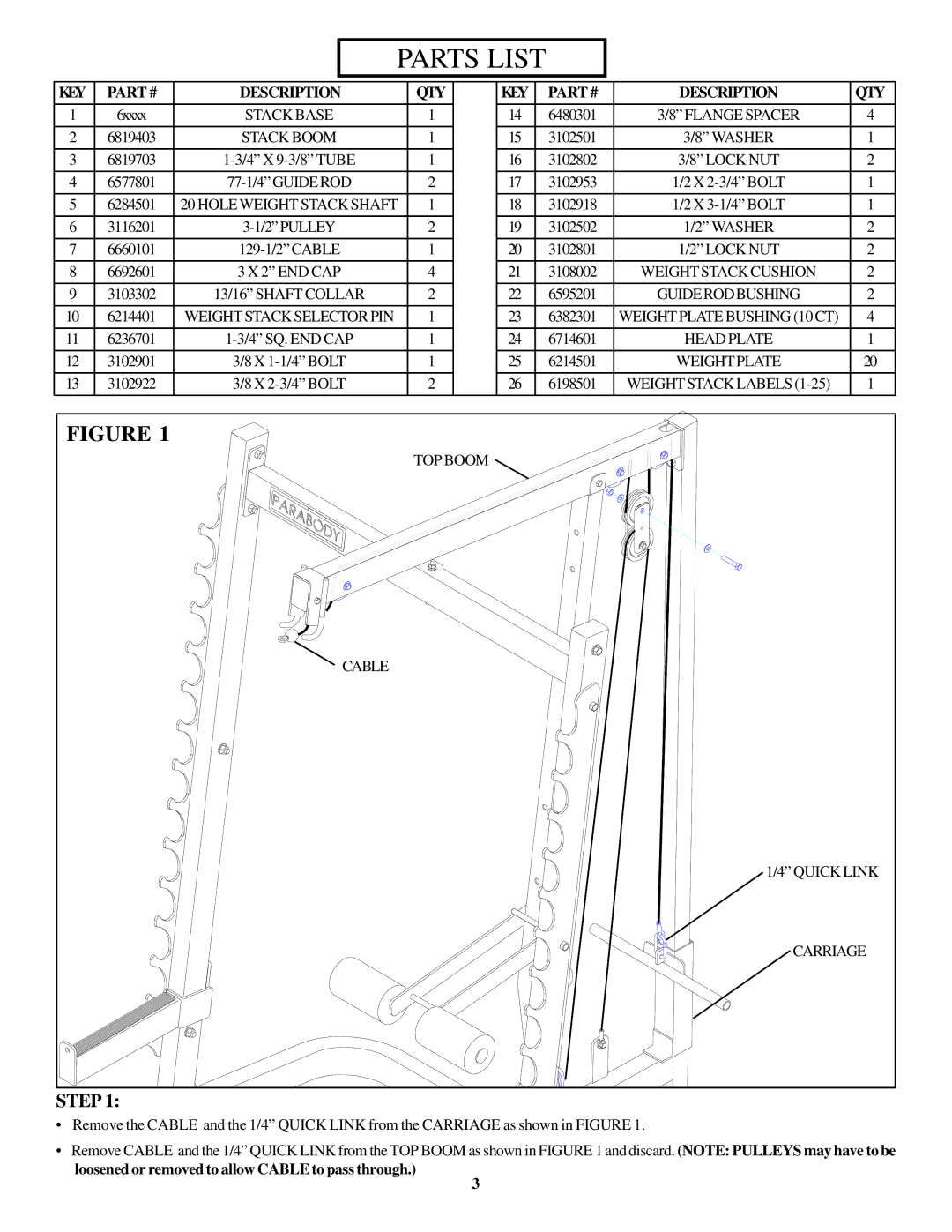 Life Fitness 897104 manual Parts List 