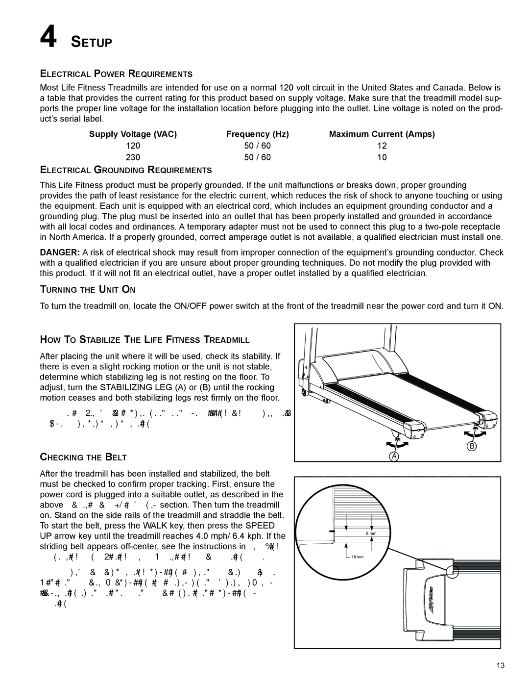 Life Fitness 8972901 REV B-3 owner manual SeTUp, Supply Voltage VAC Frequency Hz Maximum Current Amps 