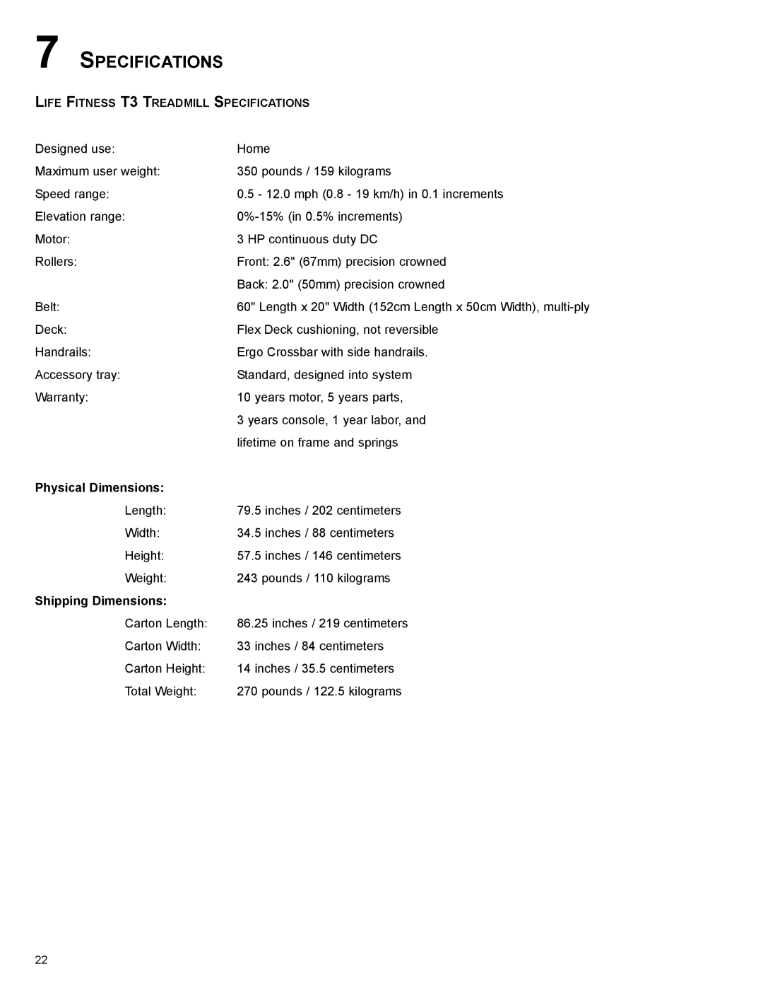 Life Fitness 8972901 REV B-3 owner manual SpeCIfICATIONs, Physical Dimensions, Shipping Dimensions 