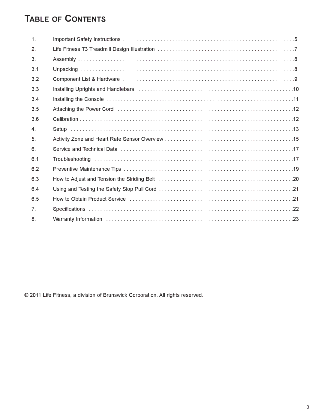 Life Fitness 8972901 REV B-3 owner manual TAble Of CONTeNTs 