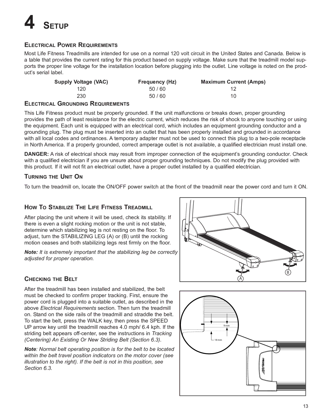 Life Fitness 8972901 REV B-3 owner manual SeTUp, Supply Voltage VAC Frequency Hz Maximum Current Amps 