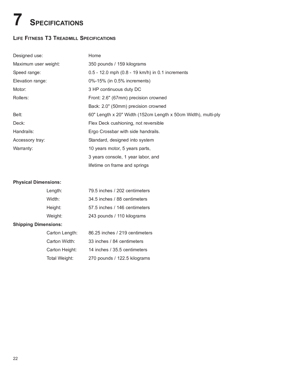 Life Fitness 8972901 REV B-3 owner manual SpeCIfICATIONs, Physical Dimensions, Shipping Dimensions 