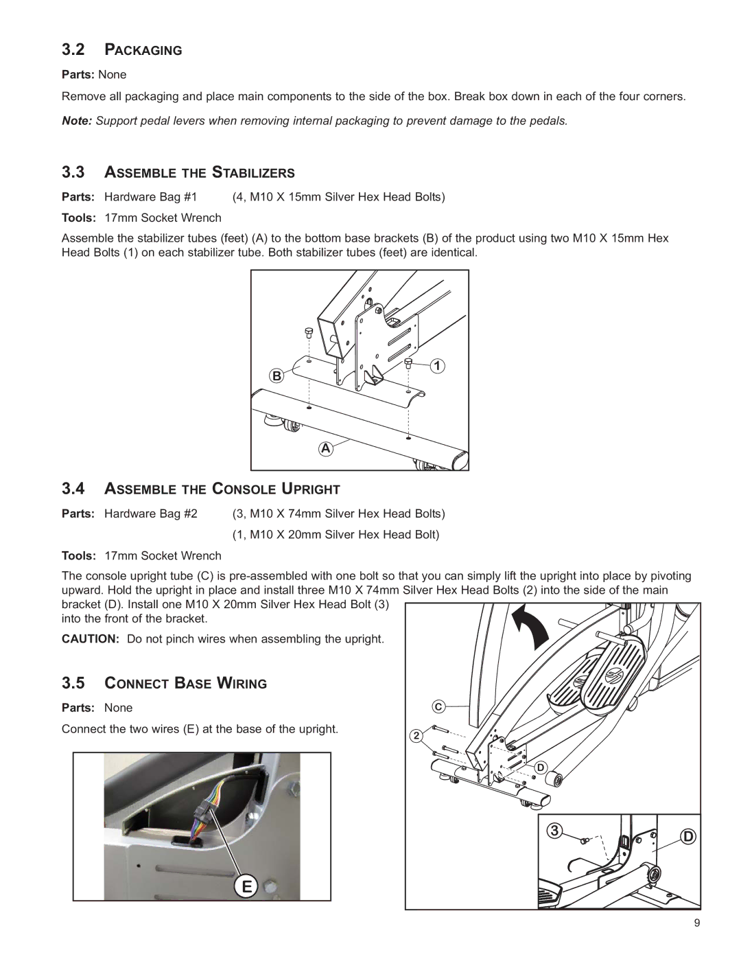 Life Fitness 8973801 REV B-3 Packaging, Assemble the Stabilizers, Assemble the Console Upright, Connect Base Wiring 