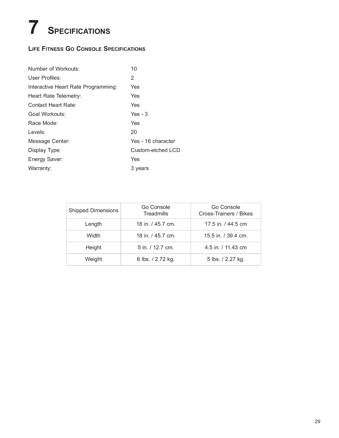 Life Fitness 8975101 REV B-2 owner manual Specifications 